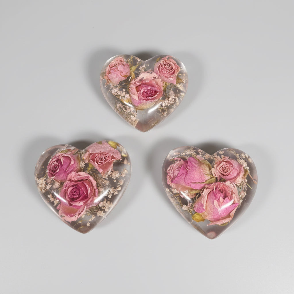 RESIN FLOWER PRESERVATION HEART PAPERWEIGHT
